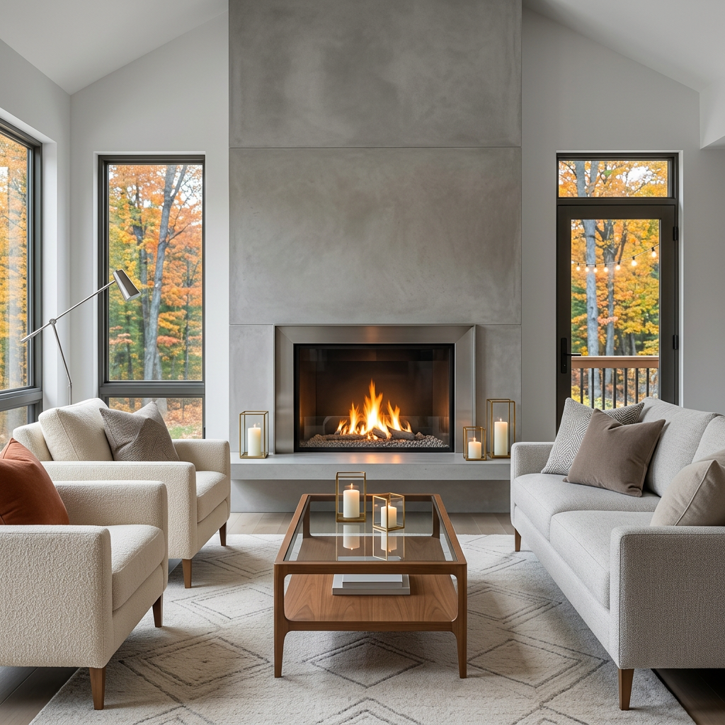 Family sitting around fire pit on porch with autumn decorations